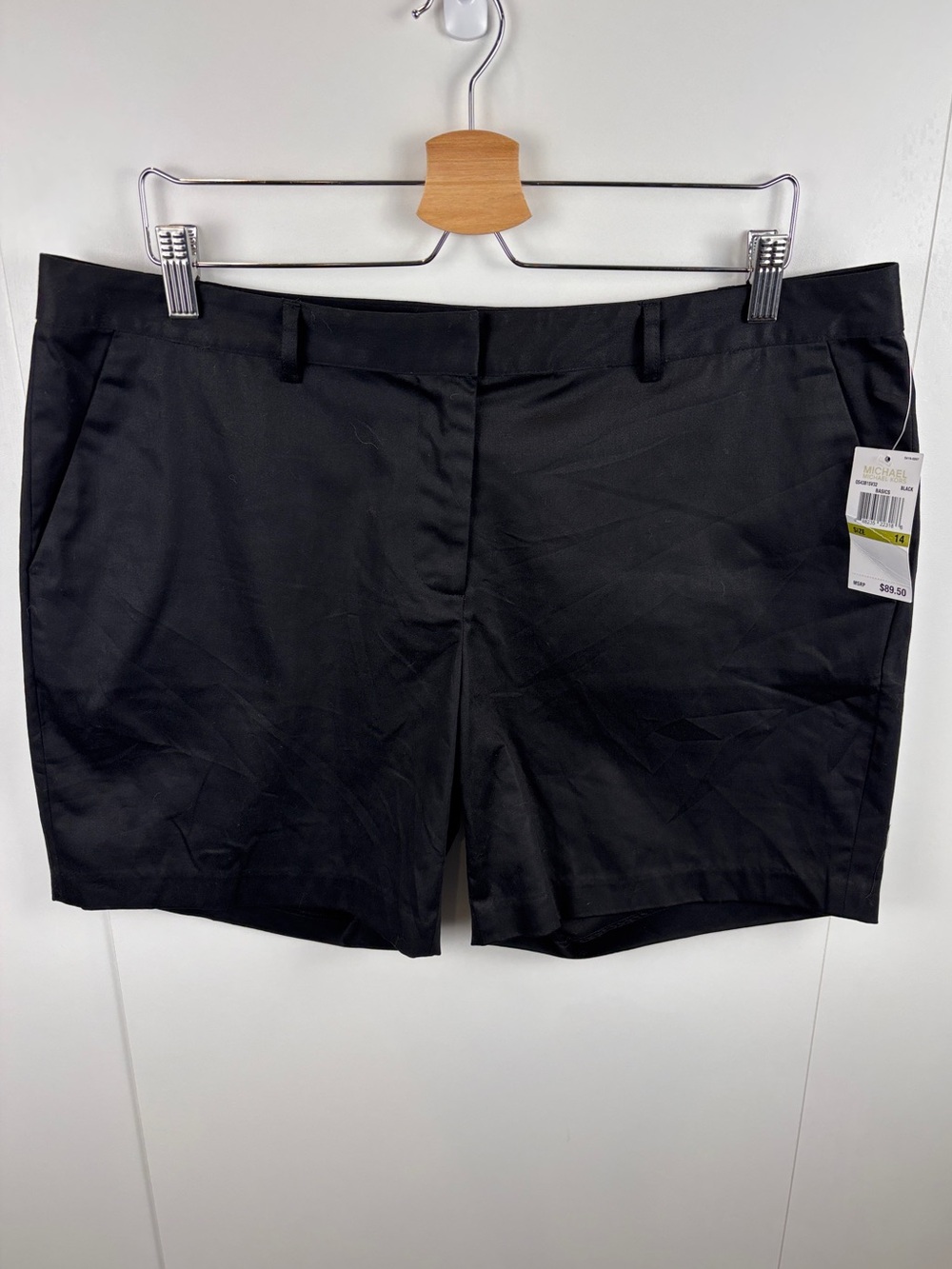 NWT Michael Kors Black Flat Front Chino Shorts Women's 14 Stretch Cotton Sateen